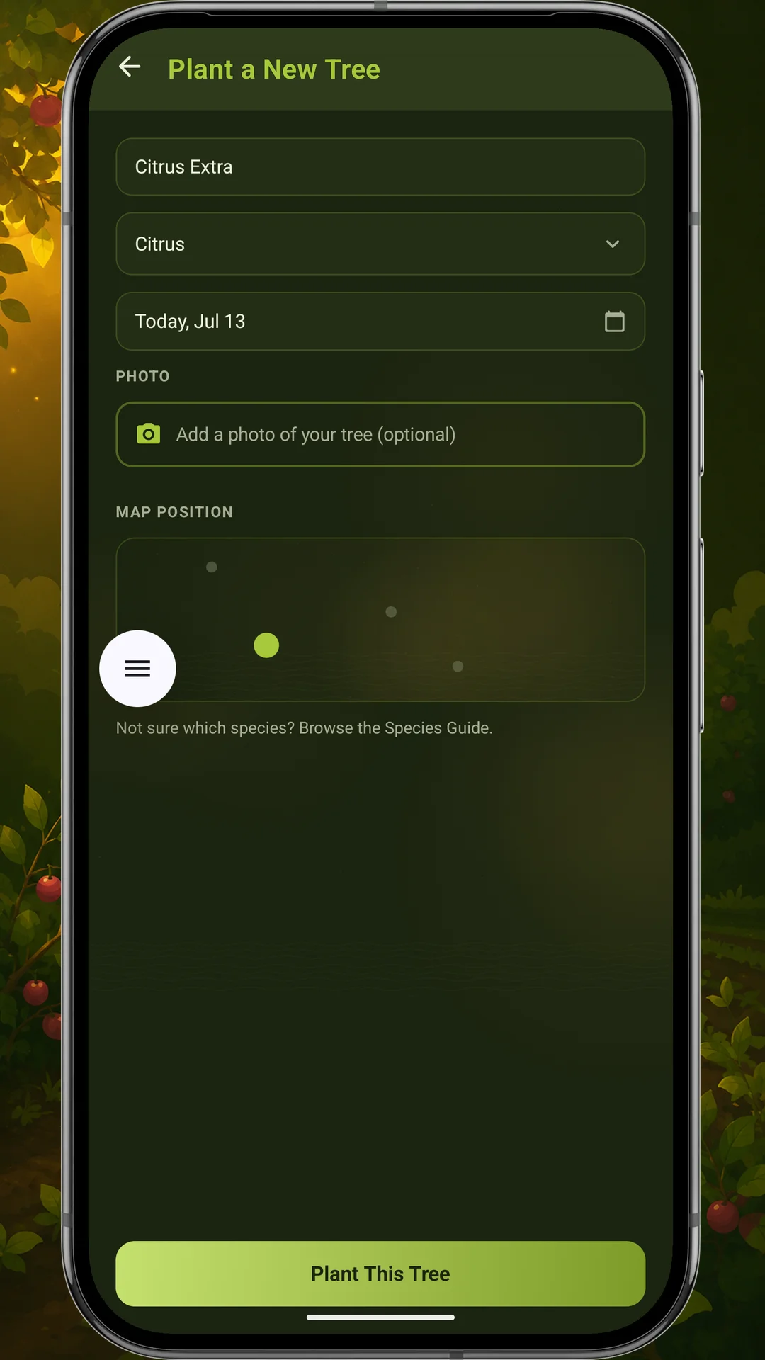 Plant a New Tree form — Citrus Extra, species Citrus, planting date and map position