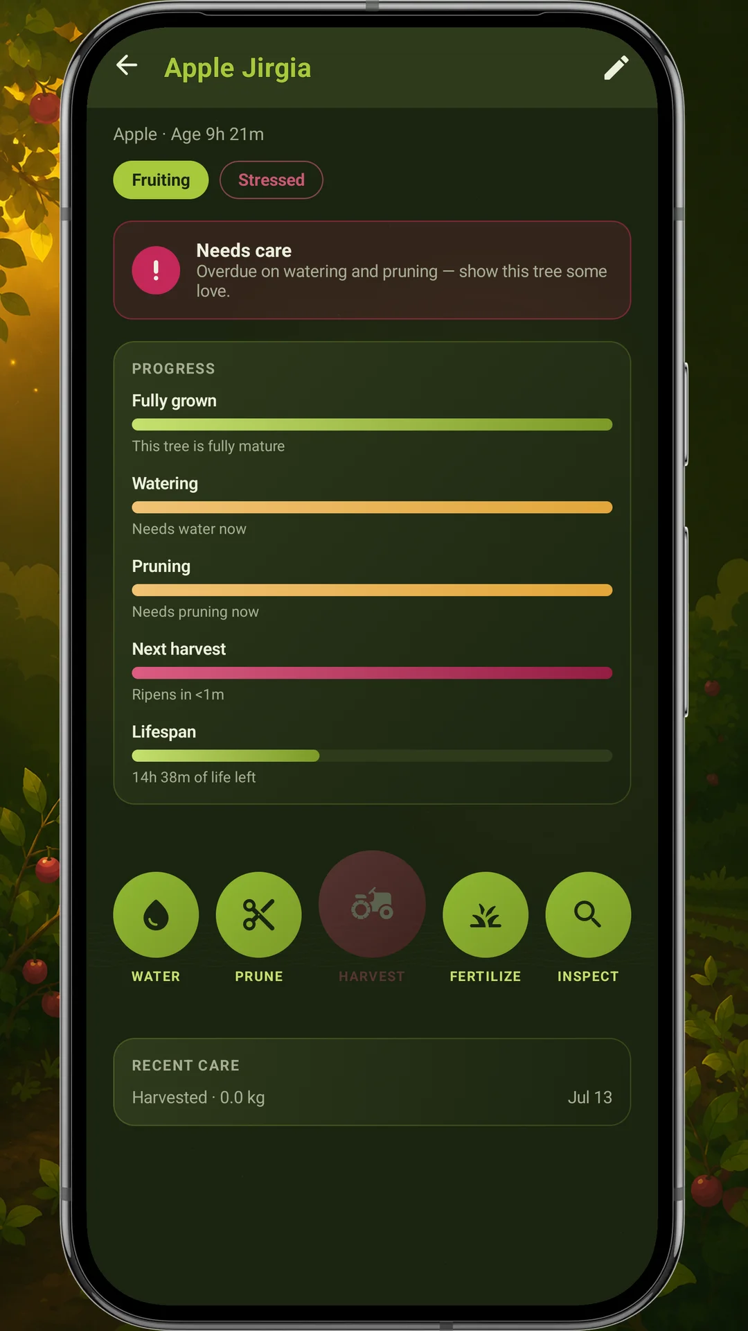 Apple Jirgia tree detail with care progress bars and Water, Prune, Fertilize actions