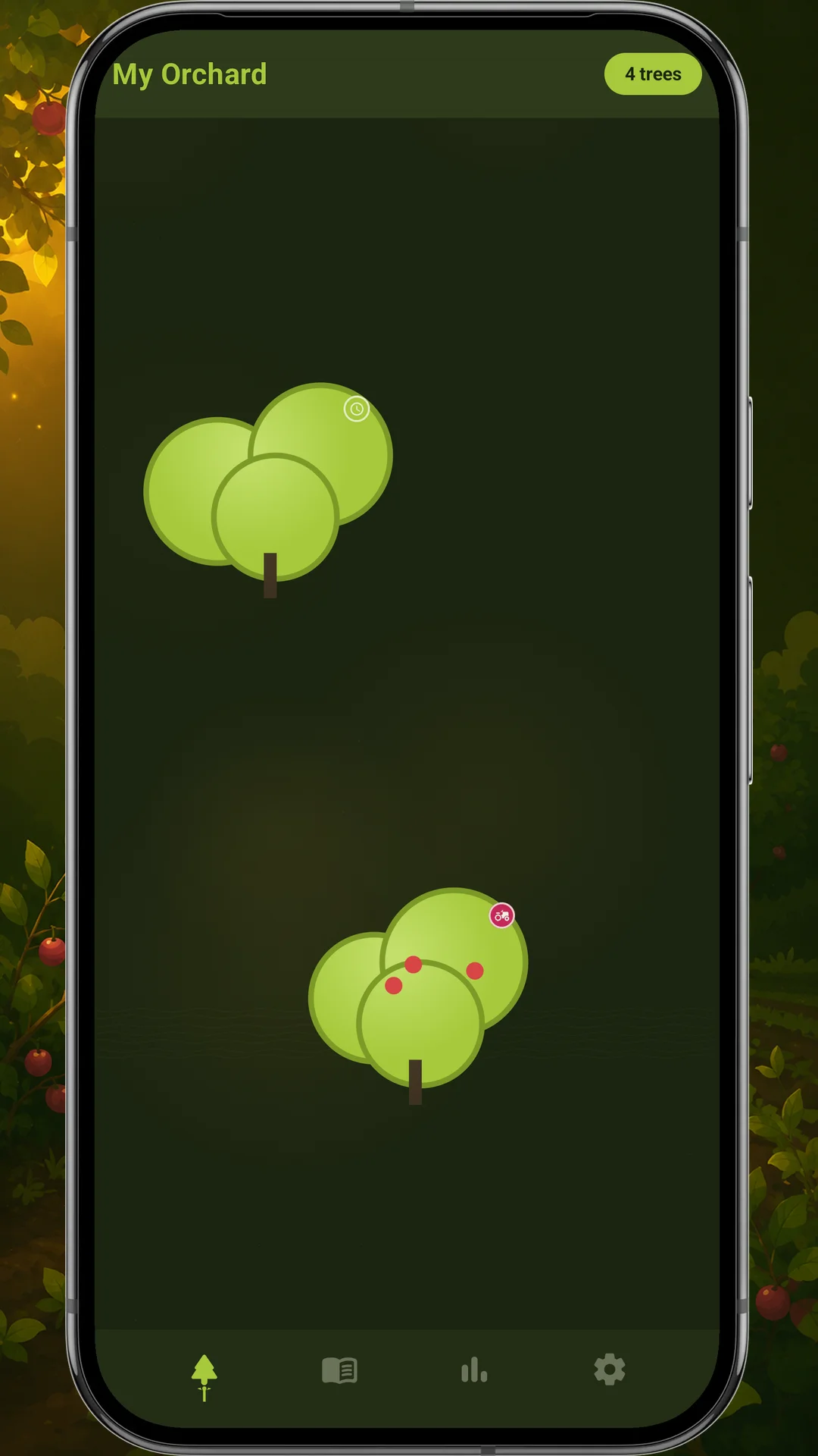 My Orchard map with 4 trees planted across the grove